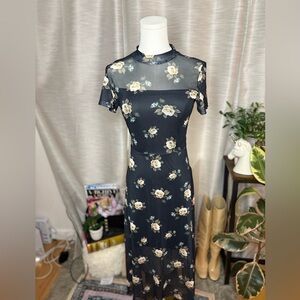 Vintage Y2K mesh black and cream flower midi dress
